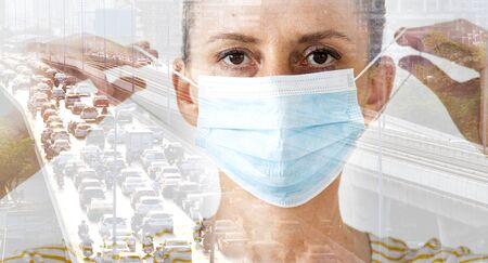 double exposure of woman wearing medical mask and busy city - social distancing - coronavirus...
