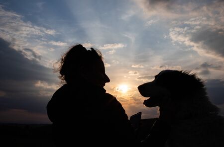 silhouette of woman and dog head at sunset pet teraphy