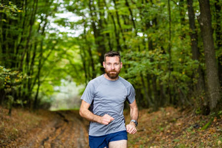 handsome trail runner running in natureの写真素材