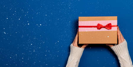 top view of female hands holding Christmas gift
