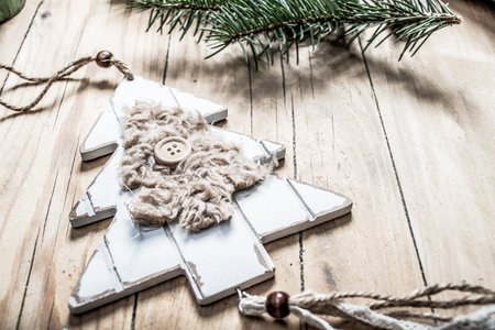 top view of beige and green Christmas decorations cozy home hyggeの写真素材