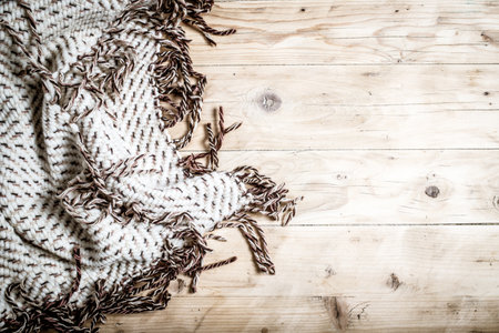 top view of beige and green Christmas decorations cozy home hyggeの写真素材