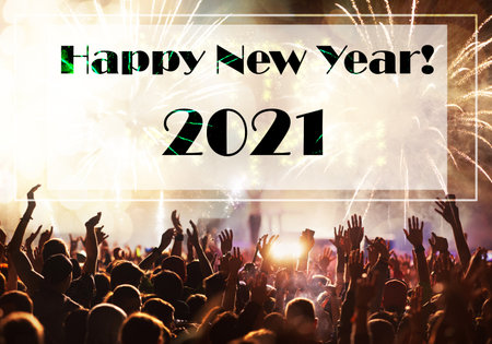 happy New Year 2021 crowd and fireworks celebration greeting card