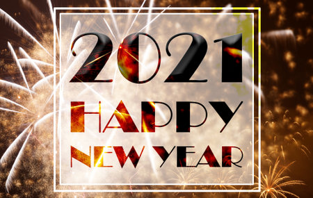 happy New Year 2021 night fireworks greeting card