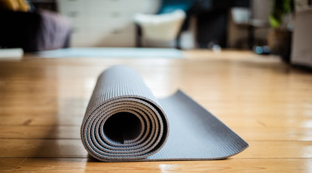 yoga mat on the floorの写真素材