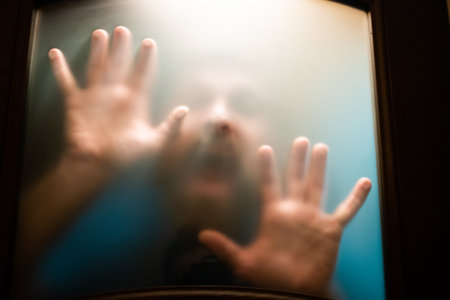 scary picture of hands behind glassの写真素材