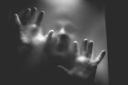 scary picture of hands behind glassの写真素材