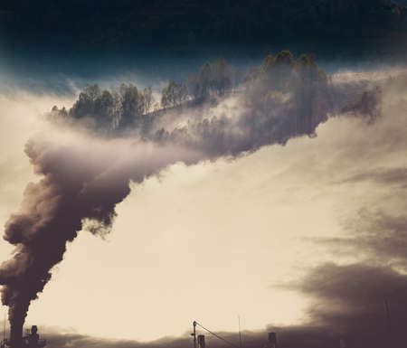 factory smoke covering green forest double exposure global warming climate change