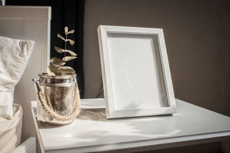 white portrait frame mockups, Scandinavian interior  neutral color palette.の写真素材