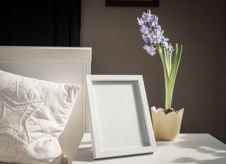 easter spring still life. card mockup, hyacinth in flower pot, Scandinavian interior