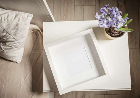 easter spring still life. card mockup, hyacinth in flower pot, Scandinavian interiorの写真素材