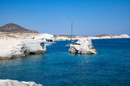 white chalk cliffs in Sarakiniko, Milos island, Cyclades, Greeceの写真素材