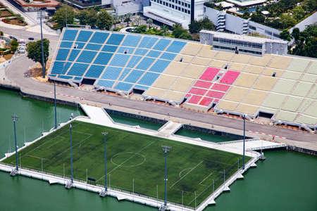 SINGAPORE, SINGAPORE - MARCH 2019: aerial view over Singapore downtown with skyscraperのeditorial素材