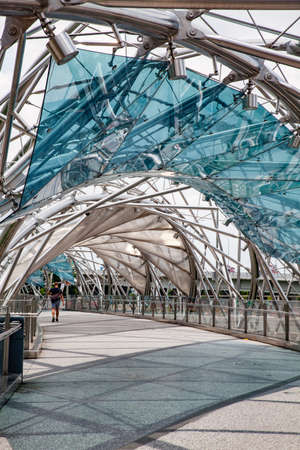 SINGAPORE, SINGAPORE - MARCH 2019: Detail of the High Tech pedestrian Helix Bridge with DNA structures in Singaporeのeditorial素材