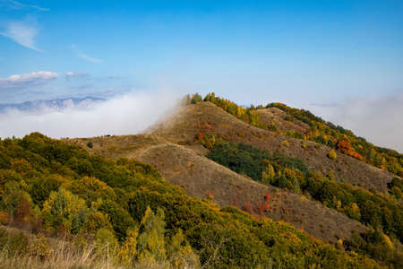 beautiful foggy autumn morning landscape in rural Transylvania
