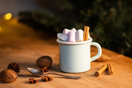 cup of hot chocolate  with marshmallows  cinnamon sticks  cones and branches of spruce. the concept...