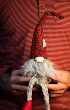 toy gnome or elf against Christmas lights