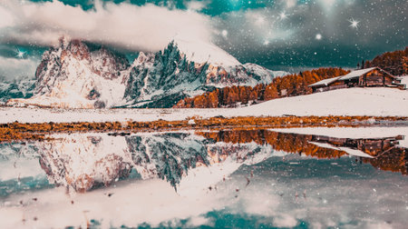 snowy early winter landscape in Alpe di Siusi. Dolomites  Italy - winter holidays destinationの写真素材