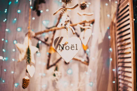 hanging Christmas decorations and lights noelの写真素材