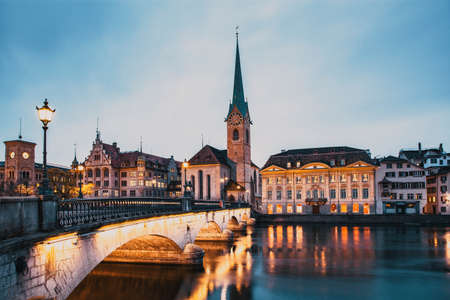 panorama of Zurich city center with Frau Munster and Grossmunsterの写真素材