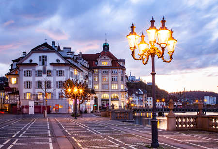 beautiful historic city center of Lucerne with famous buildings and lake Lucerne...