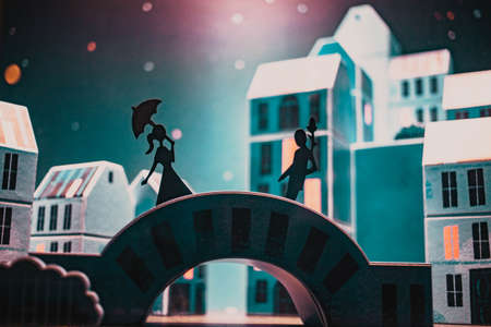 romantic dating background girl and boy meet on a bridge cartoon figuresの写真素材