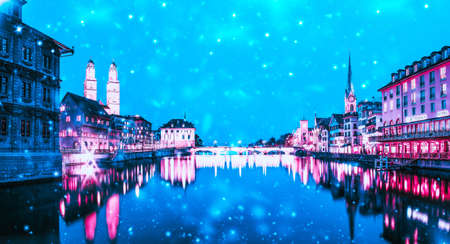 heavy snowfall in Zurich on a winter nightの写真素材