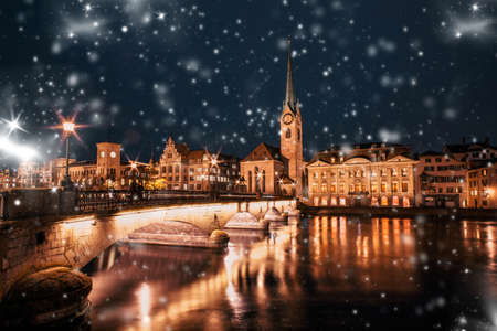 heavy snowfall in Zurich on a winter nightの写真素材