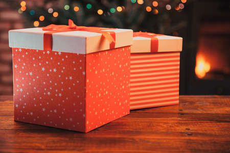 red gift boxes Christmas presentsの写真素材