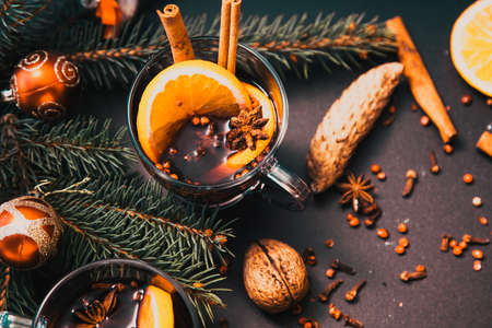 mulled wine, fir branches, cinnamon - comforting Christmas drinkの写真素材