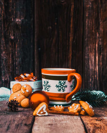 vintage Christmas decorations and cards with copyspace on wooden backgroundの写真素材