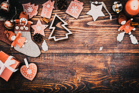 vintage Christmas decorations and cards with copyspace on wooden backgroundの写真素材