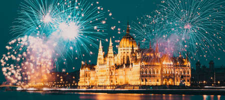 New Year in the city - Budapest Parliament with fireworksの写真素材