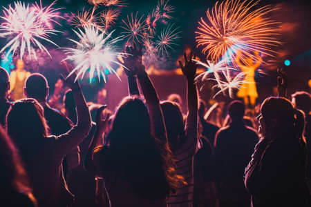 Cheering crowd watching fireworks at New Yearの写真素材