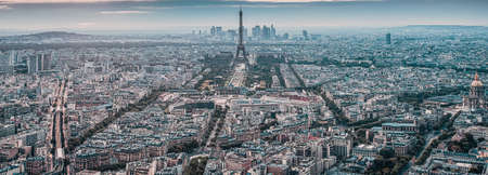 aerial view over Paris at sunset with iconic Eiffel towerの写真素材