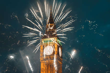 fireworks over Big Ben New Year celebrations in London, UKの写真素材