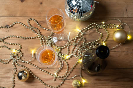 champagne glasses on wooden tableの写真素材