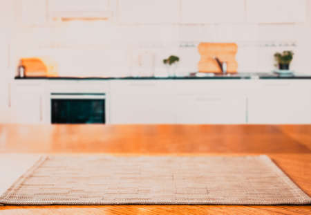 blurred kitchen interior  and desk space home background