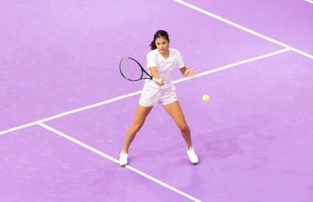 CLUJ-NAPOCA, ROMANIA - 23 OCT 2021: Emma Raducanu of Great Britain  in action during  a match at WTA Transylvania Open International Tennis Tournament.のeditorial素材