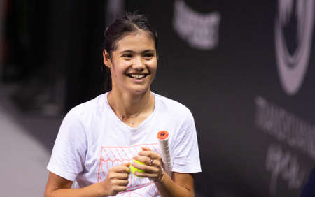 CLUJ-NAPOCA, ROMANIA - 23 OCT 2021: Emma Raducanu of Great Britain  in action during  a match at WTA Transylvania Open International Tennis Tournament.のeditorial素材
