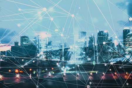 connection lines and skyscrapers in background global network concept