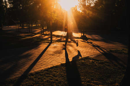 silhouette of person running in park at sunset healthy active lifestyleの写真素材