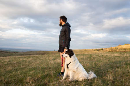 man and his white dog on a hillの写真素材