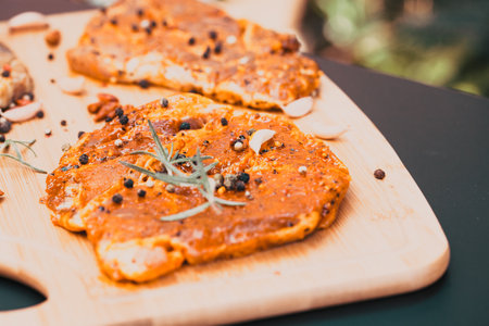 raw meat with herbs and rosemary ready for barbecueの写真素材