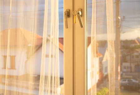 white curtain of living room at sunsetの写真素材