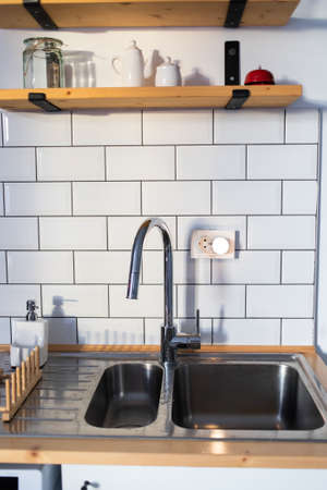 bright modern kitchen detail mock up for product presentationの写真素材