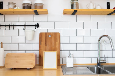 bright modern kitchen detail mock up for product presentationの写真素材