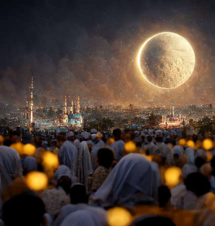 background for Islamic holiday Eid Mubarak mosque and moon digital artの素材
