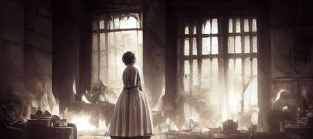 scary ghost in white in abandoned building Halloween digital artの素材