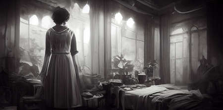 scary ghost in white in abandoned building Halloween digital artの素材